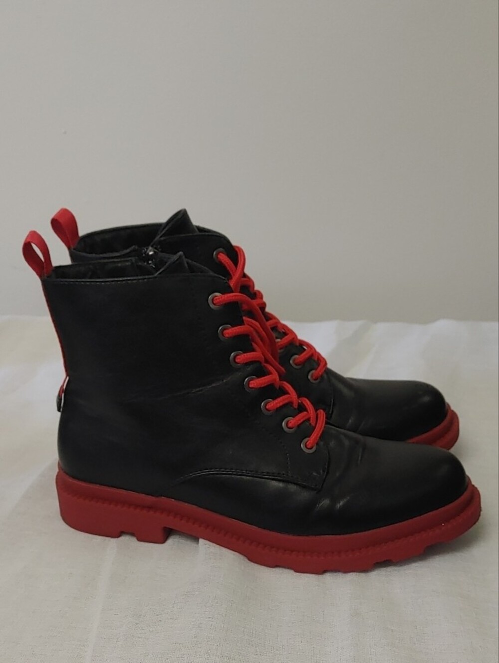 Black Leather Lace-Up Ankle Boots with Red Accents l Instreets